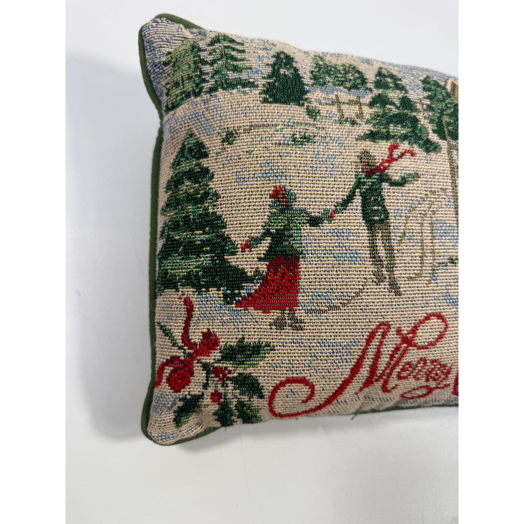 Throw Pillow Merry Christmas Tapestry Victorian Trees Snowman Kids Playing Snow | Holiday Seasonal Decor Decorative Accents Green Back