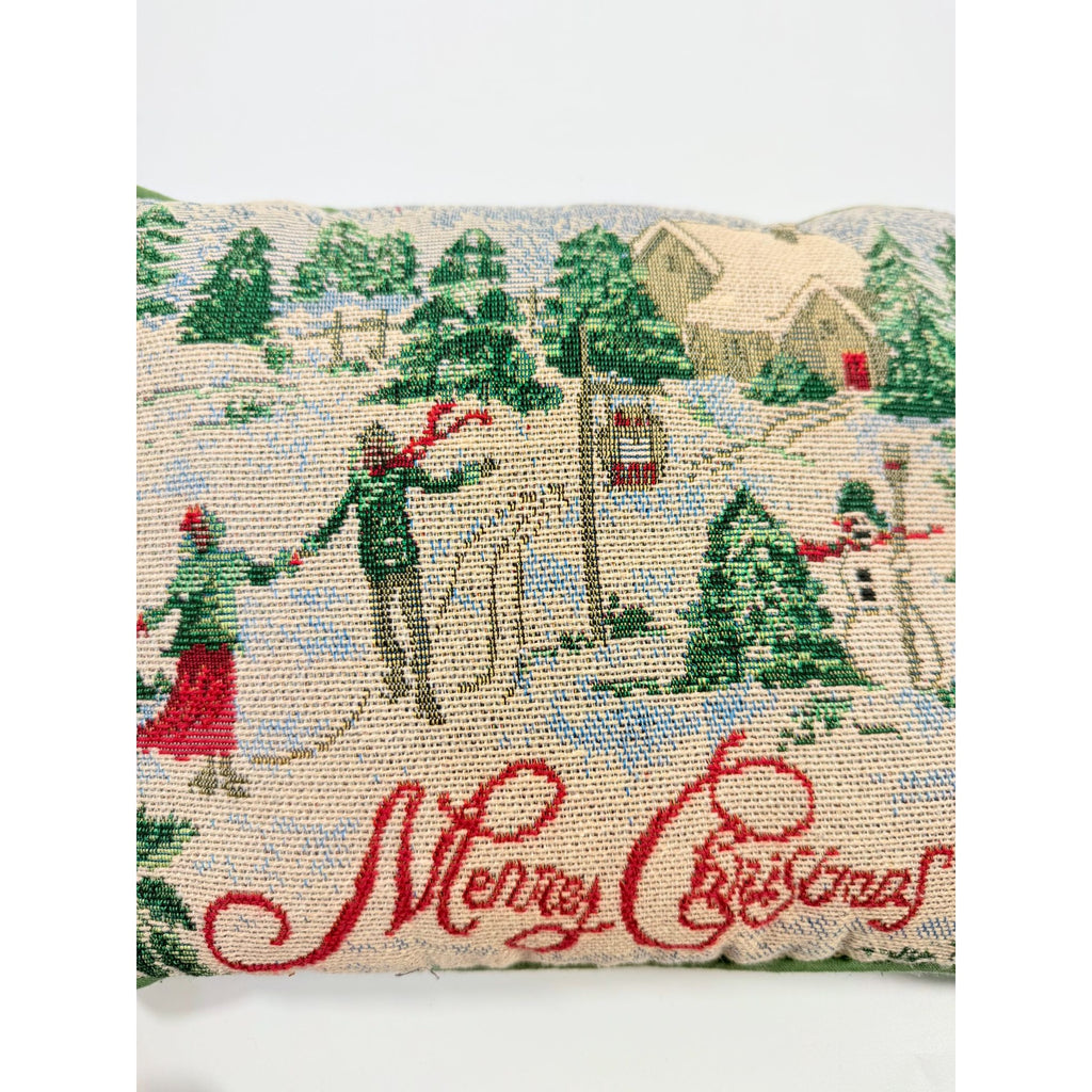 Throw Pillow Merry Christmas Tapestry Victorian Trees Snowman Kids Playing Snow | Holiday Seasonal Decor Decorative Accents Green Back