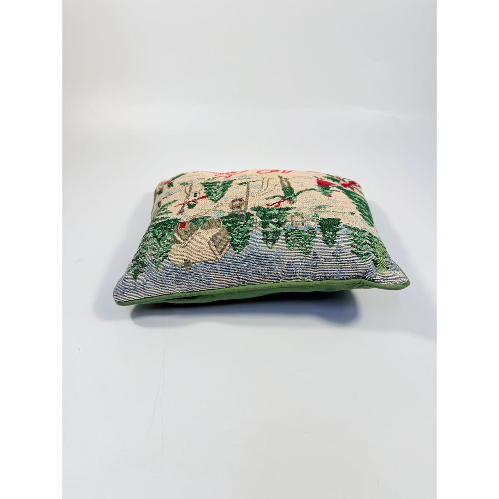 Throw Pillow Merry Christmas Tapestry Victorian Trees Snowman Kids Playing Snow | Holiday Seasonal Decor Decorative Accents Green Back