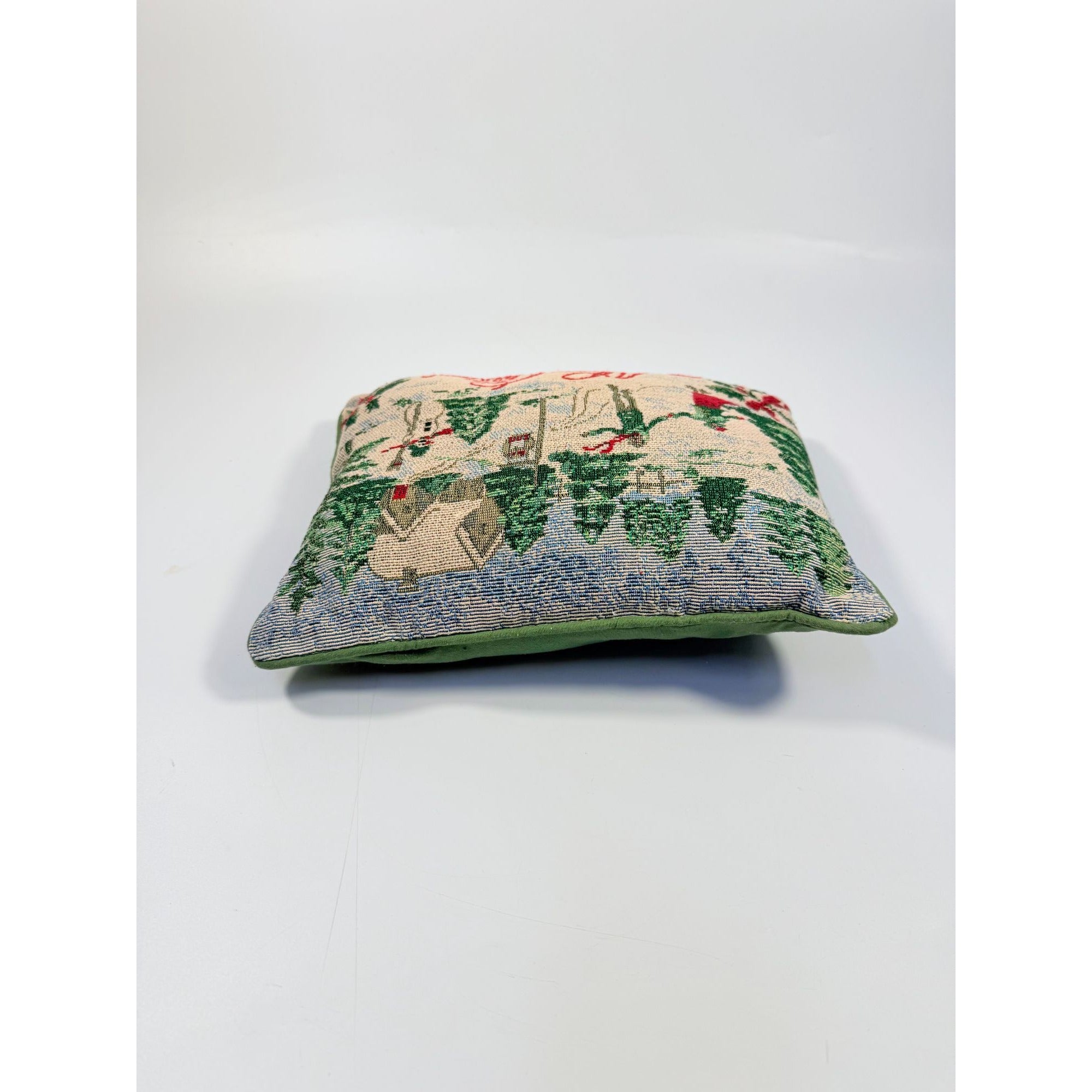 Throw Pillow Merry Christmas Tapestry Victorian Trees Snowman Kids Playing Snow | Holiday Seasonal Decor Decorative Accents Green Back
