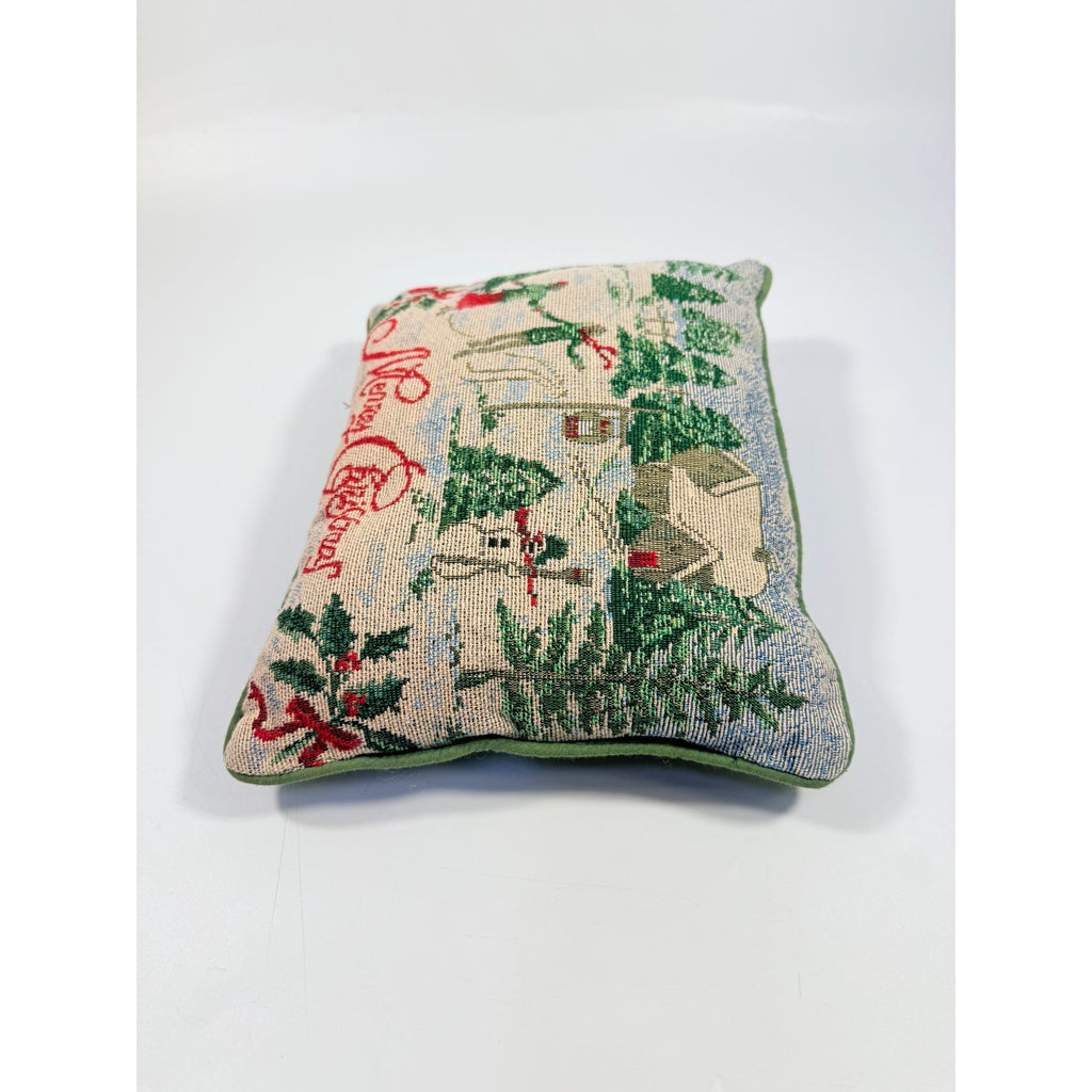 Throw Pillow Merry Christmas Tapestry Victorian Trees Snowman Kids Playing Snow | Holiday Seasonal Decor Decorative Accents Green Back