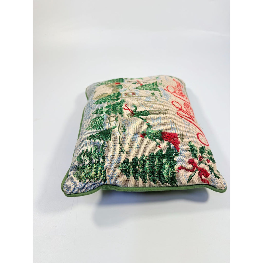 Throw Pillow Merry Christmas Tapestry Victorian Trees Snowman Kids Playing Snow | Holiday Seasonal Decor Decorative Accents Green Back