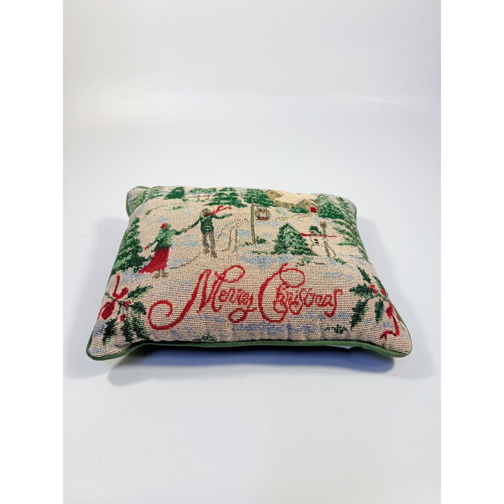 Throw Pillow Merry Christmas Tapestry Victorian Trees Snowman Kids Playing Snow | Holiday Seasonal Decor Decorative Accents Green Back