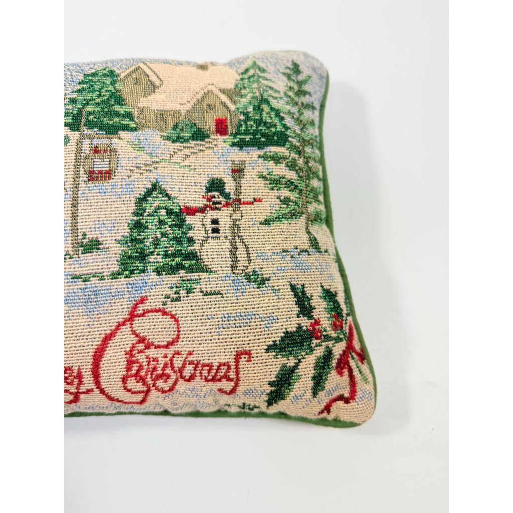 Throw Pillow Merry Christmas Tapestry Victorian Trees Snowman Kids Playing Snow | Holiday Seasonal Decor Decorative Accents Green Back
