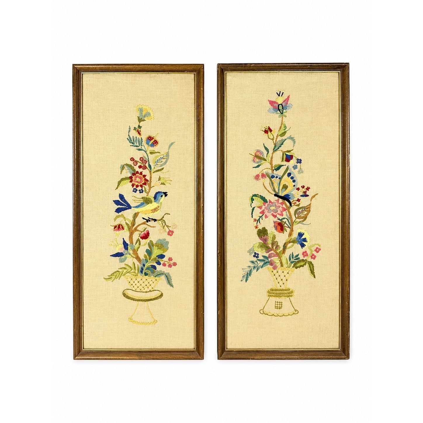 Framed Crewel Embroidery Wall Art Decor Handmade Pair Set 2 Birds and Flowers Vintage Mid Century Wood Frame