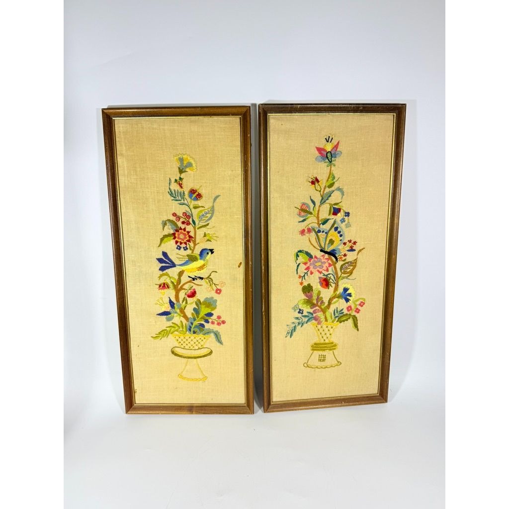 Framed Crewel Embroidery Wall Art Decor Handmade Pair Set 2 Birds and Flowers Vintage Mid Century Wood Frame