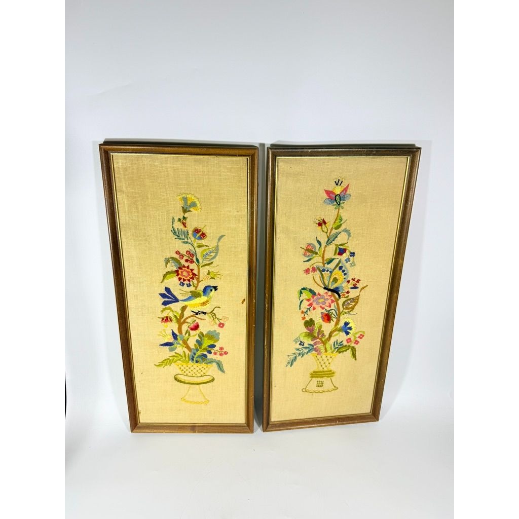 Framed Crewel Embroidery Wall Art Decor Handmade Pair Set 2 Birds and Flowers Vintage Mid Century Wood Frame