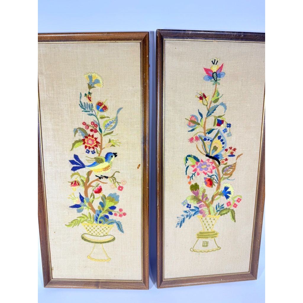Framed Crewel Embroidery Wall Art Decor Handmade Pair Set 2 Birds and Flowers Vintage Mid Century Wood Frame