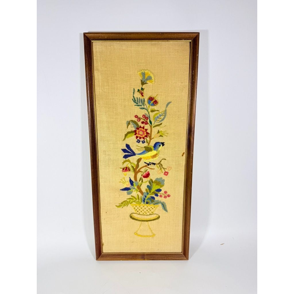 Framed Crewel Embroidery Wall Art Decor Handmade Pair Set 2 Birds and Flowers Vintage Mid Century Wood Frame