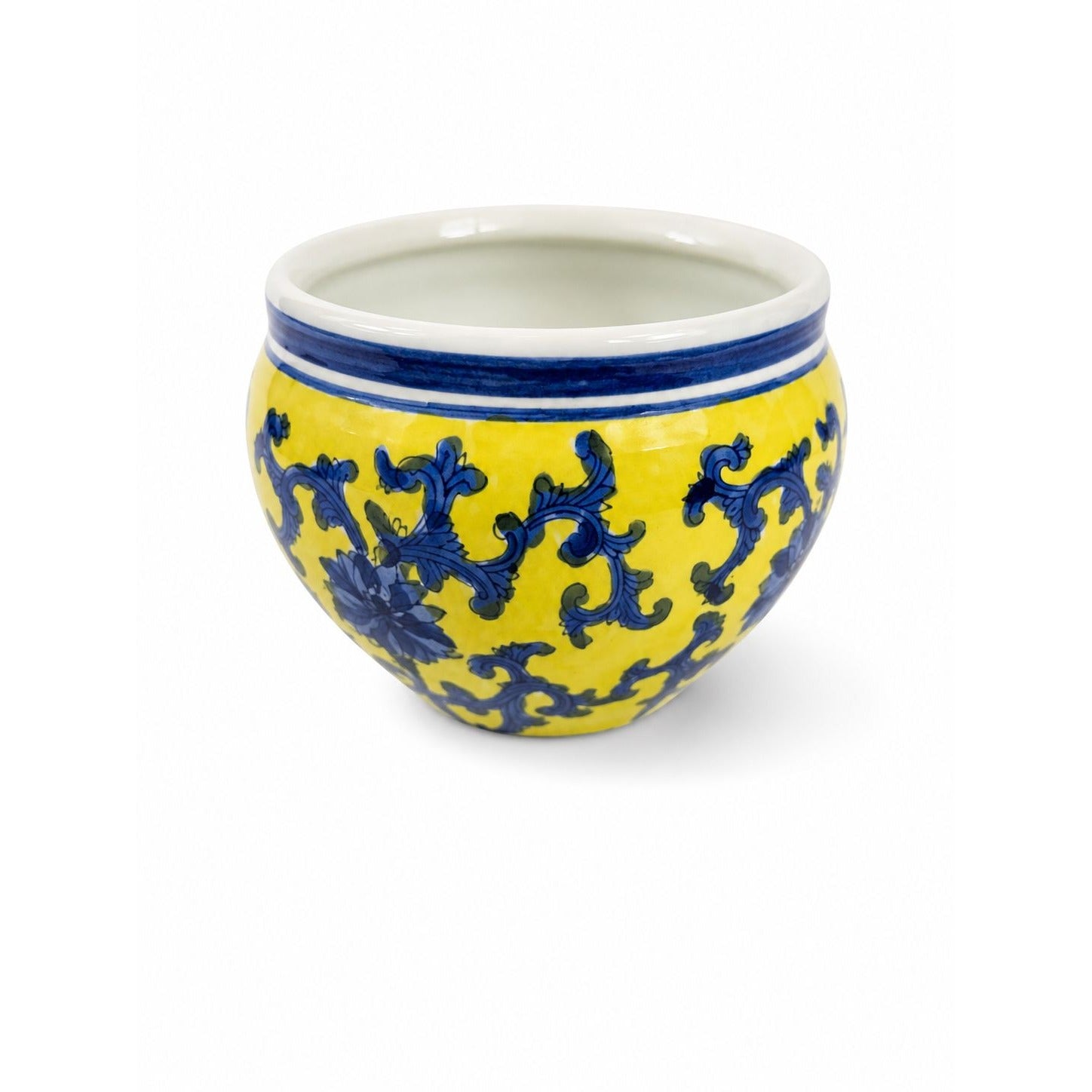 Jardiniere Cachepot Planter Blue White Yellow Hand Painted Porcelain Ceramic Import Vintage Chinosiere Painted Indoor Flower Pot -Floral