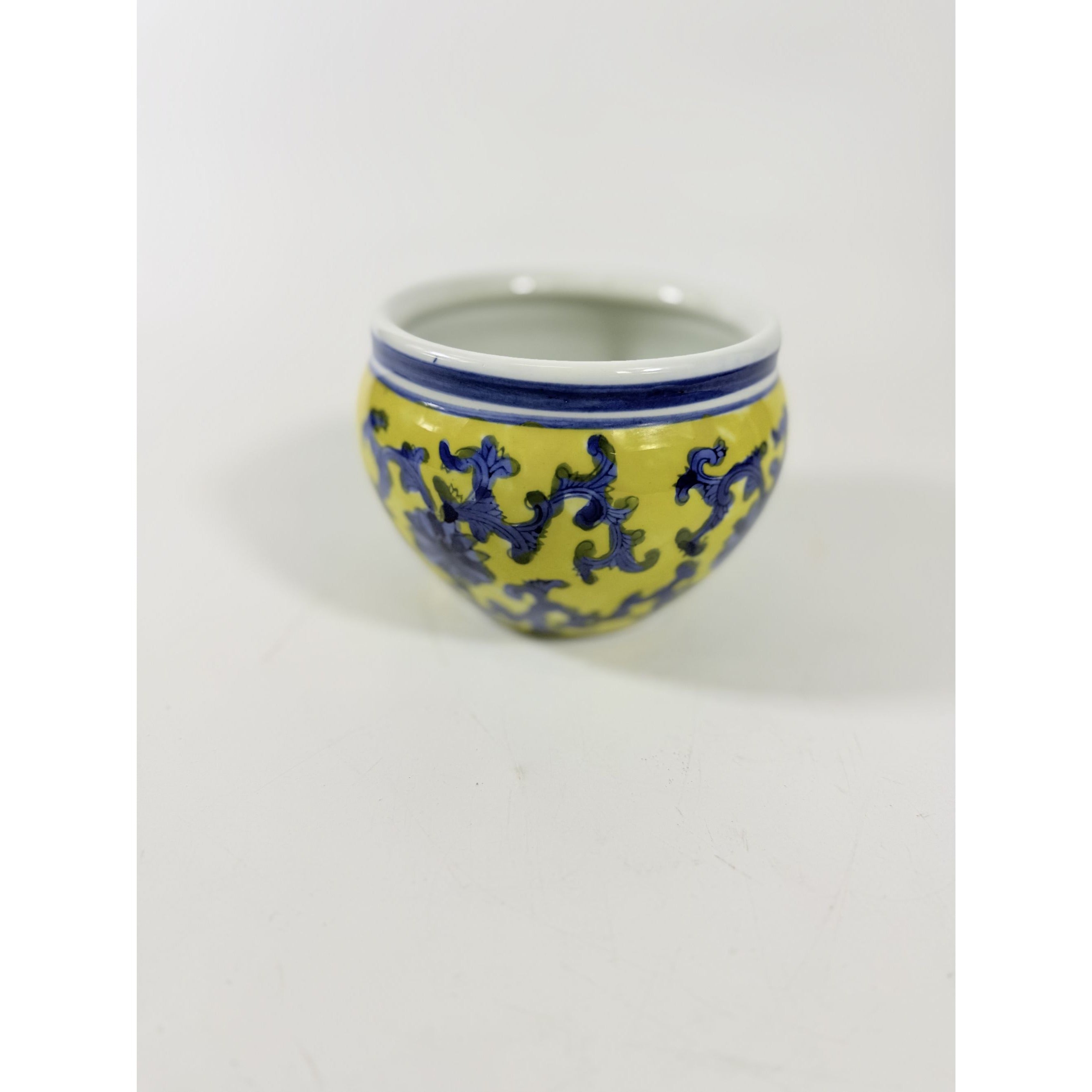 Jardiniere Cachepot Planter Blue White Yellow Hand Painted Porcelain Ceramic Import Vintage Chinosiere Painted Indoor Flower Pot -Floral