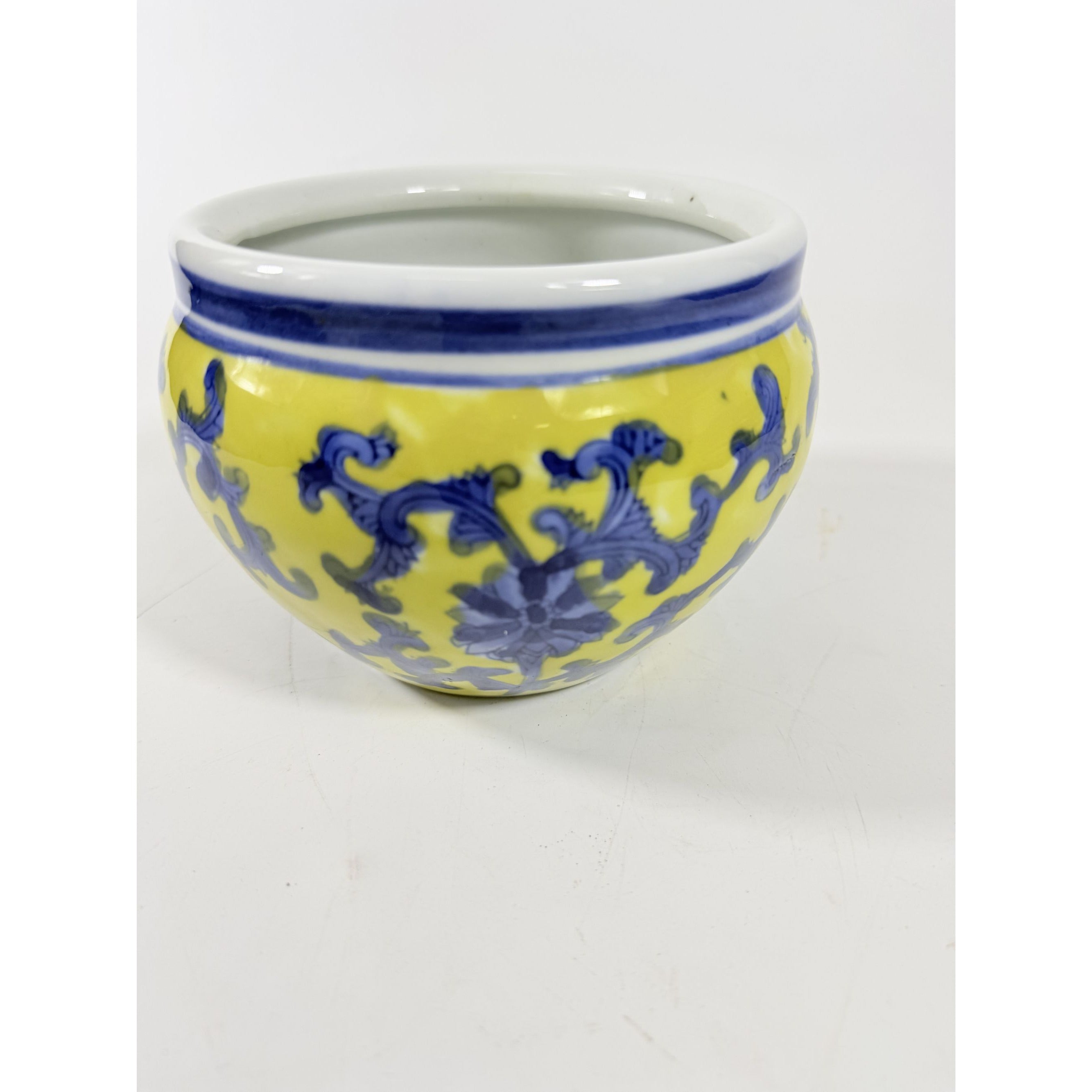 Jardiniere Cachepot Planter Blue White Yellow Hand Painted Porcelain Ceramic Import Vintage Chinosiere Painted Indoor Flower Pot -Floral