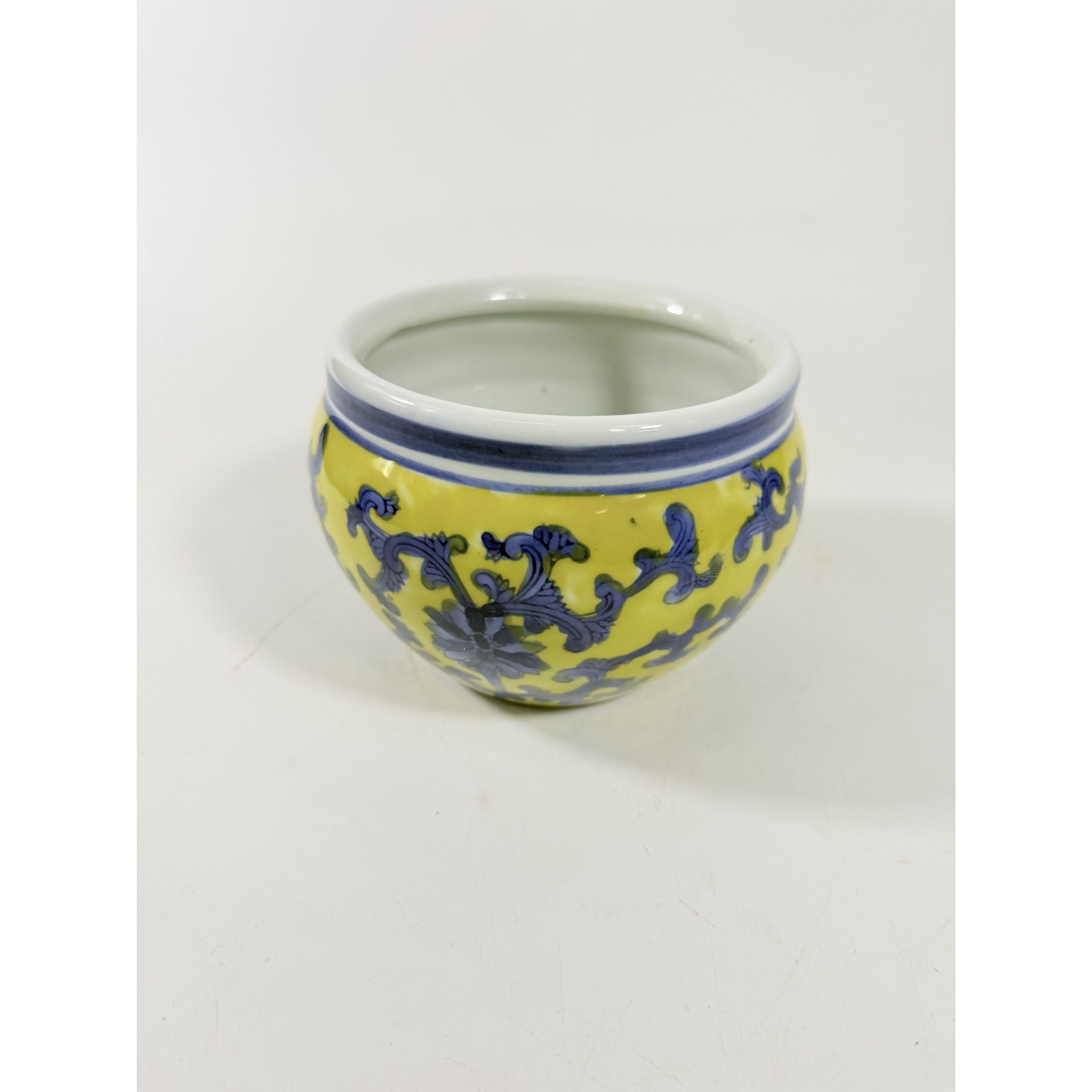 Jardiniere Cachepot Planter Blue White Yellow Hand Painted Porcelain Ceramic Import Vintage Chinosiere Painted Indoor Flower Pot -Floral