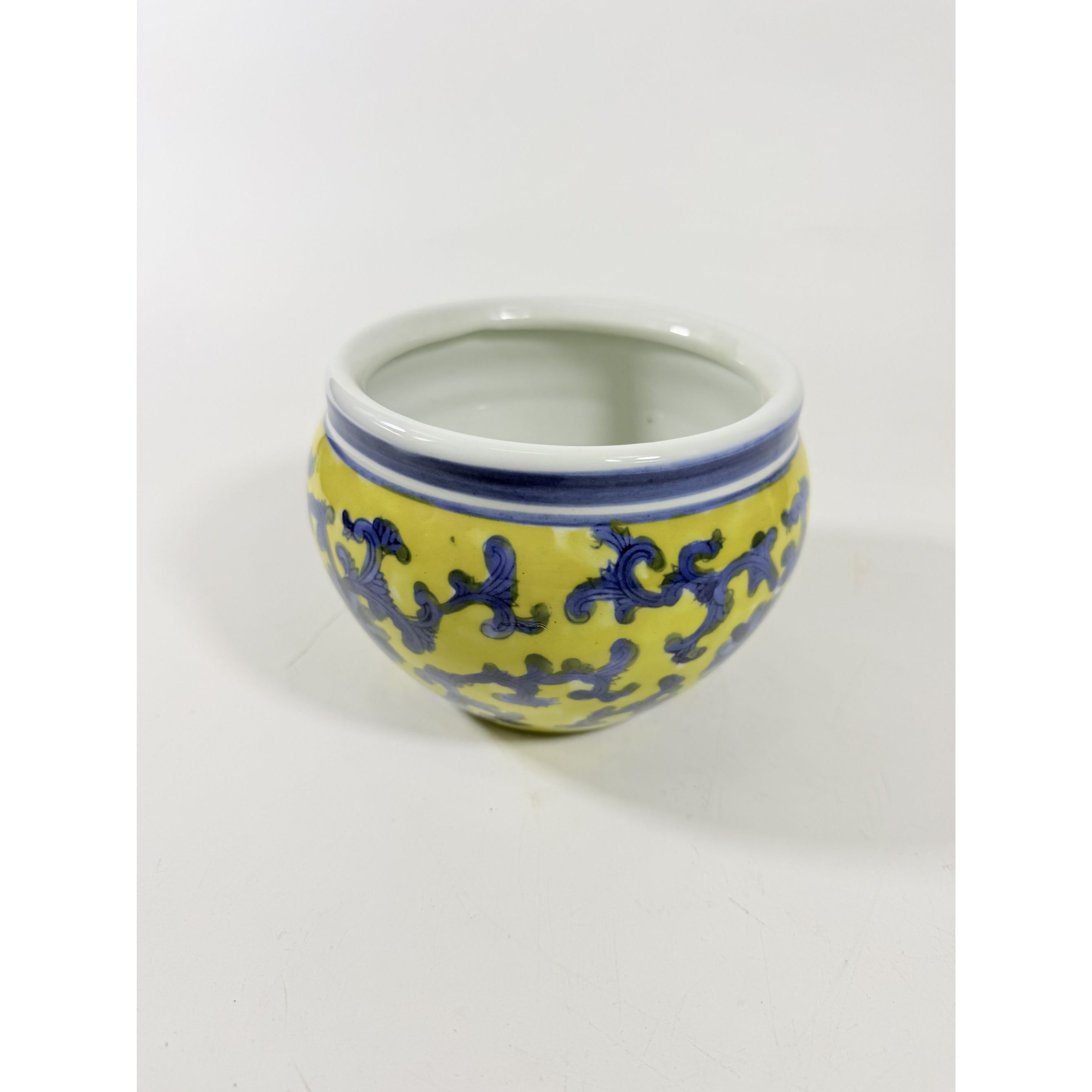 Jardiniere Cachepot Planter Blue White Yellow Hand Painted Porcelain Ceramic Import Vintage Chinosiere Painted Indoor Flower Pot -Floral