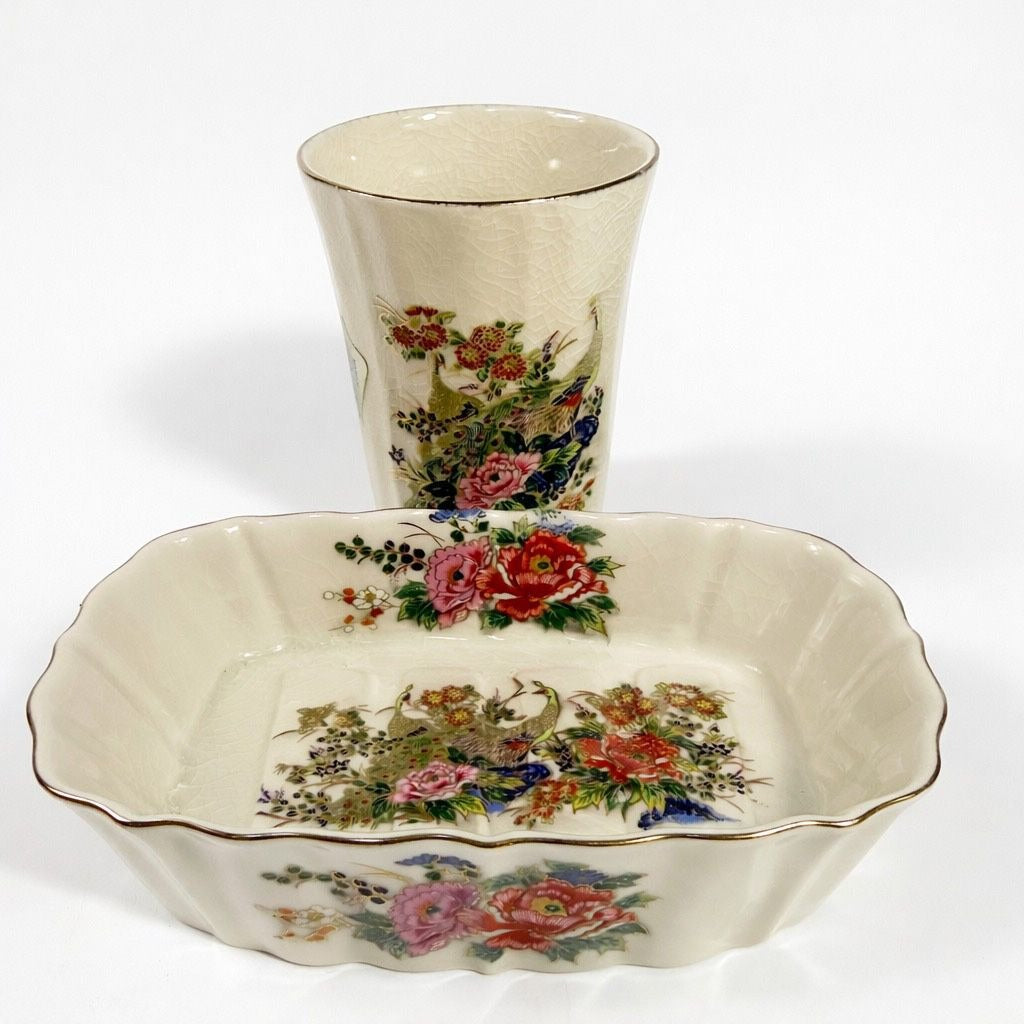 Bathroom Set Cup Soap Holder Kutani Japanese Peacock Chrysanthemum Imperial Japan Hand Painted Okura Oriental Sink Decor Vintage