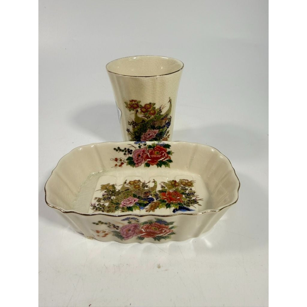 Bathroom Set Cup Soap Holder Kutani Japanese Peacock Chrysanthemum Imperial Japan Hand Painted Okura Oriental Sink Decor Vintage