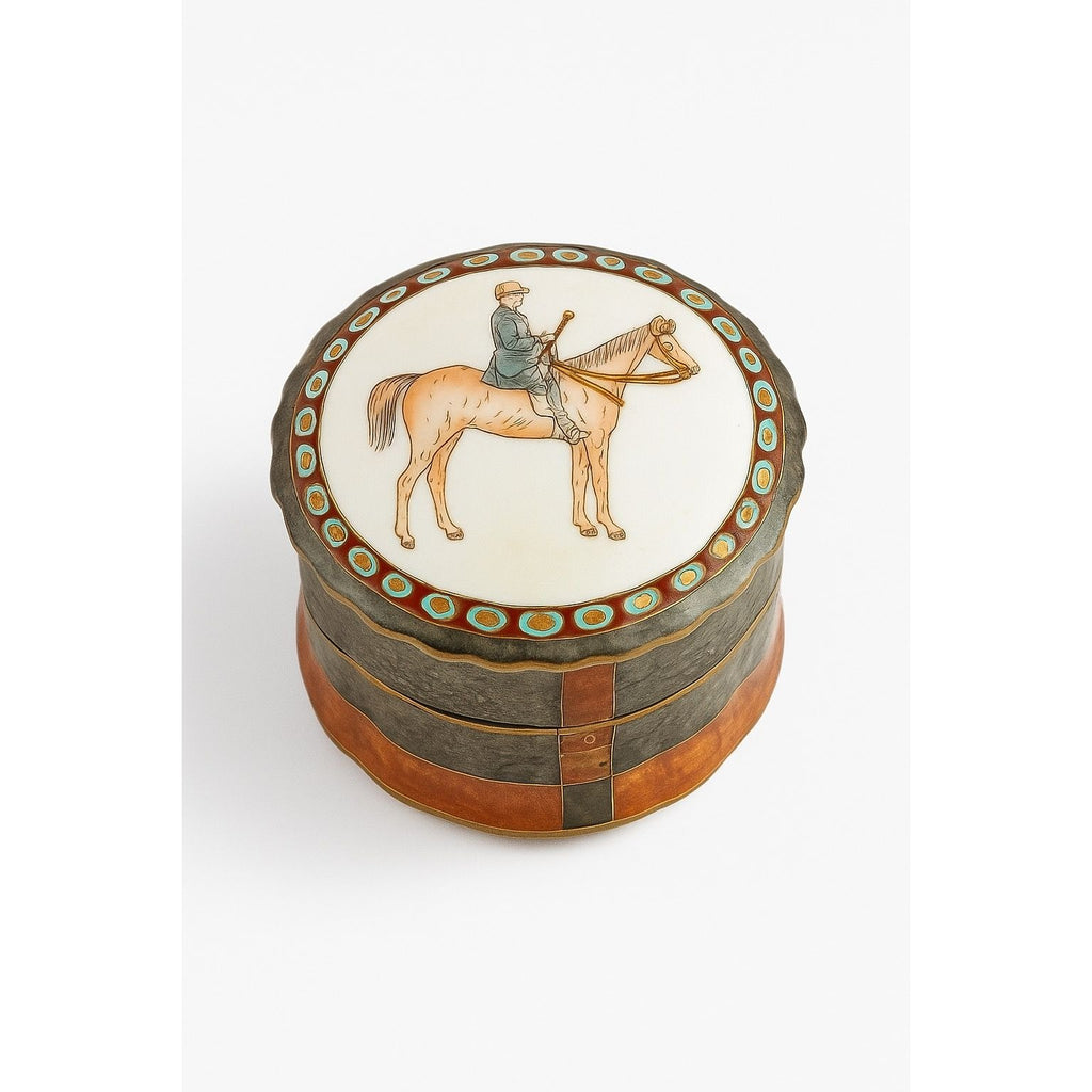Equestrian Trinket Box Hand Painted Porcelain Jewelry Stash box Horse themed jewel storage Round Chinese Macu Lidded Gift Box Ceramic