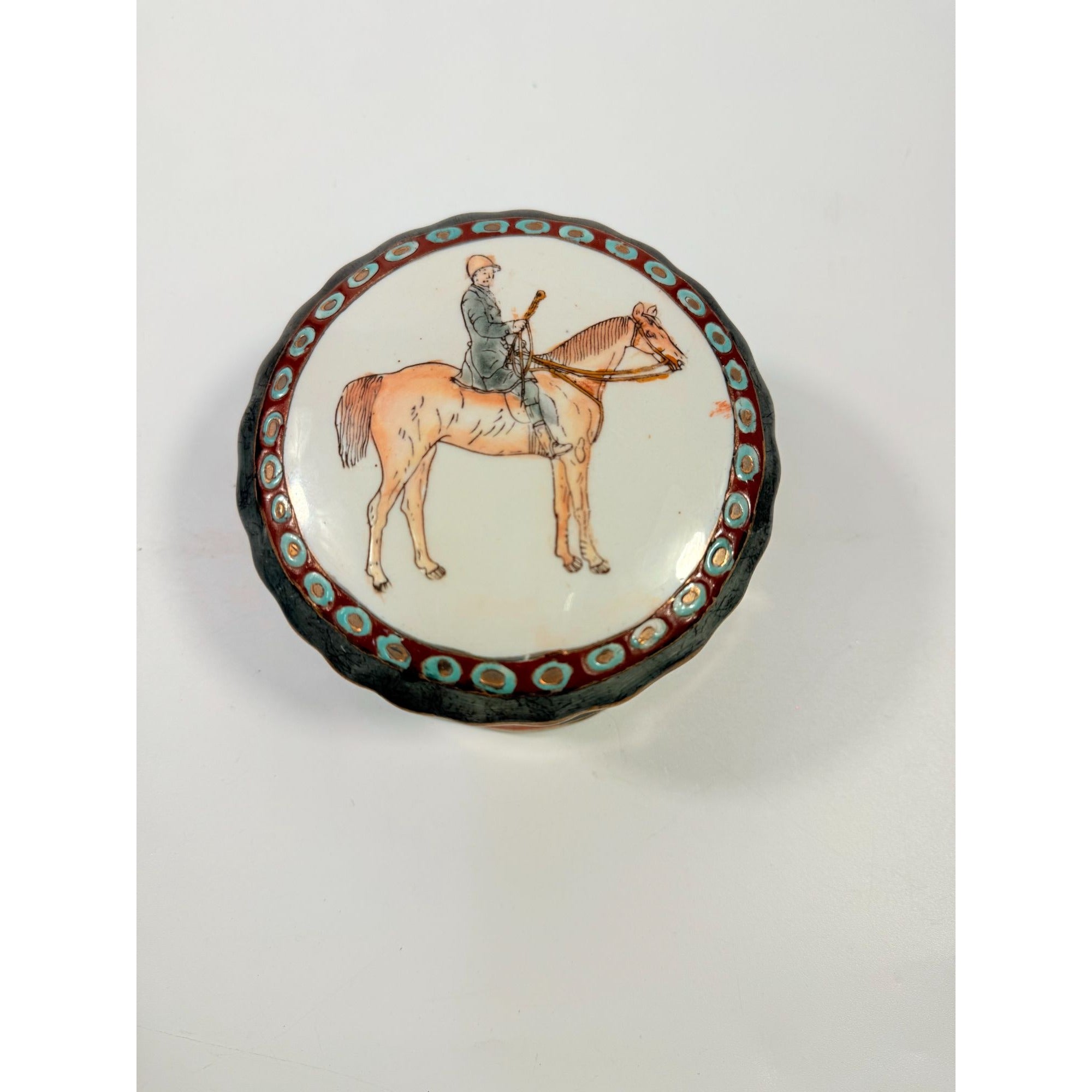 Equestrian Trinket Box Hand Painted Porcelain Jewelry Stash box Horse themed jewel storage Round Chinese Macu Lidded Gift Box Ceramic