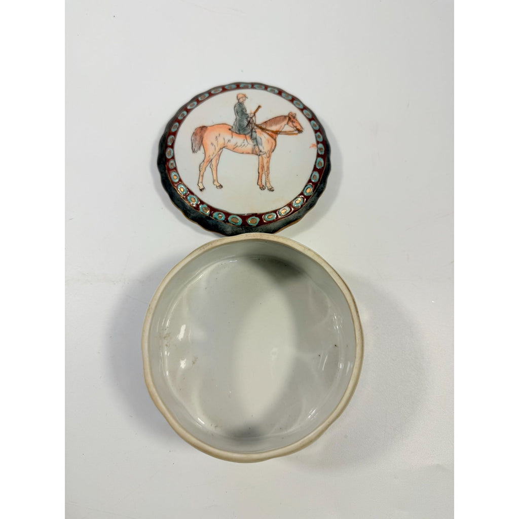 Equestrian Trinket Box Hand Painted Porcelain Jewelry Stash box Horse themed jewel storage Round Chinese Macu Lidded Gift Box Ceramic