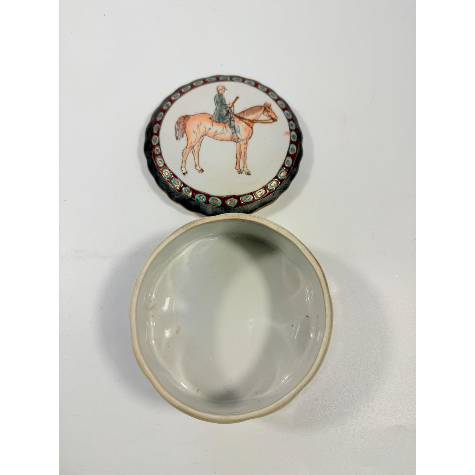 Equestrian Trinket Box Hand Painted Porcelain Jewelry Stash box Horse themed jewel storage Round Chinese Macu Lidded Gift Box Ceramic