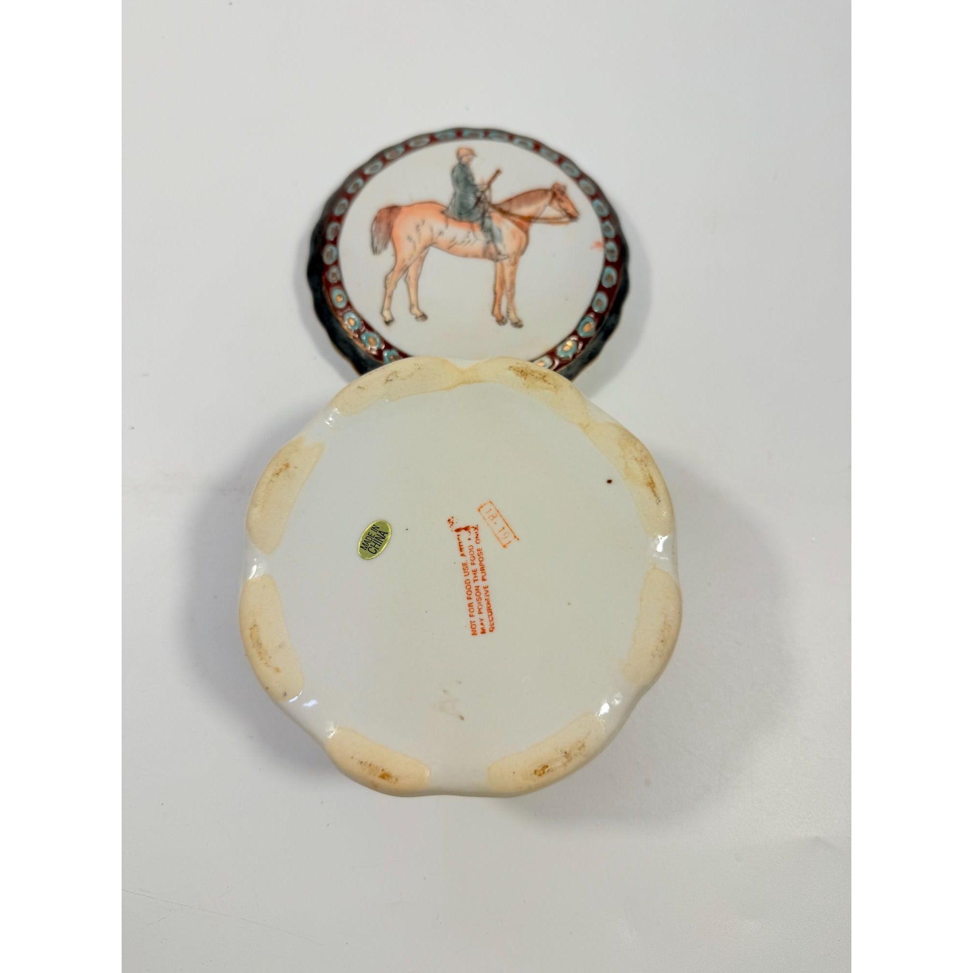 Equestrian Trinket Box Hand Painted Porcelain Jewelry Stash box Horse themed jewel storage Round Chinese Macu Lidded Gift Box Ceramic