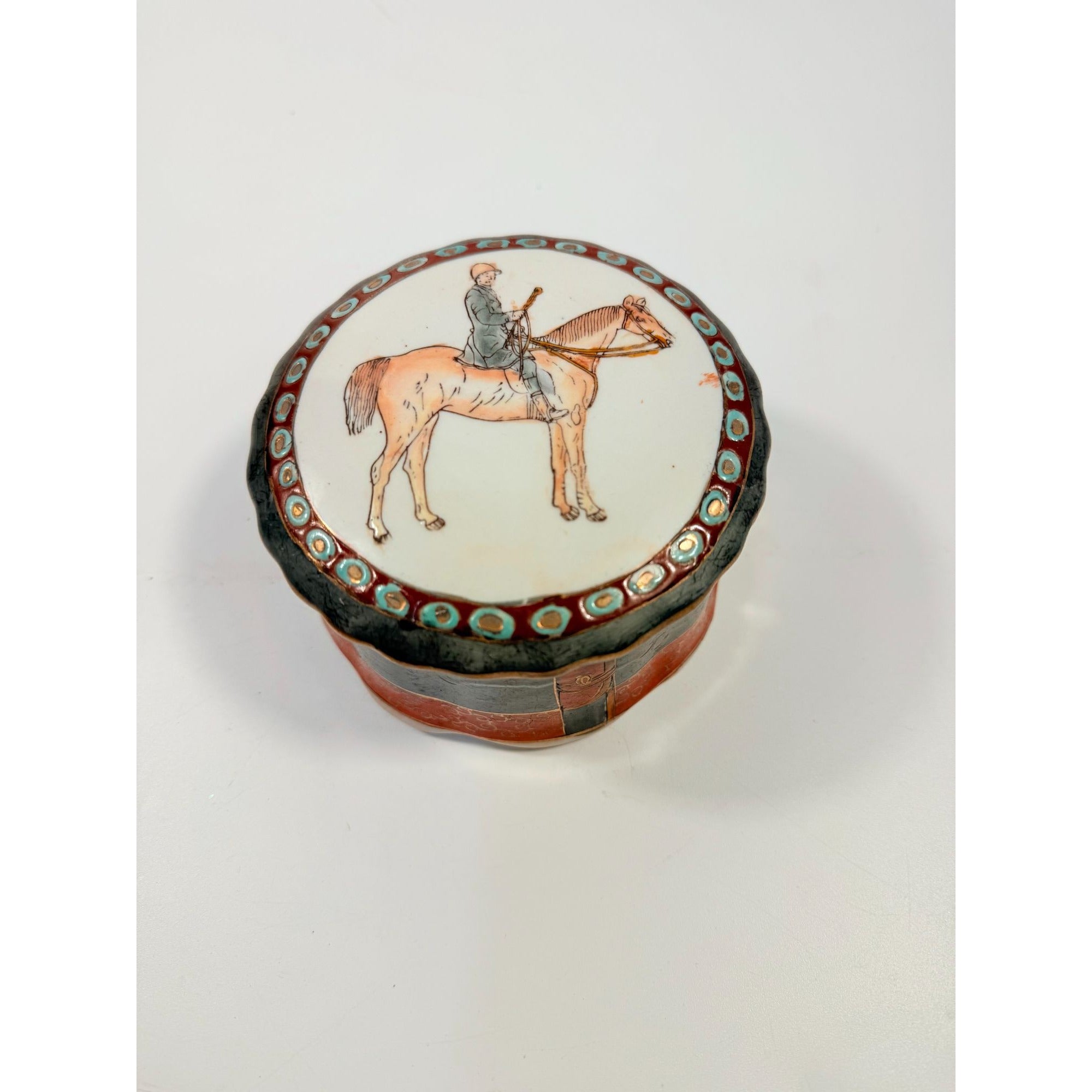 Equestrian Trinket Box Hand Painted Porcelain Jewelry Stash box Horse themed jewel storage Round Chinese Macu Lidded Gift Box Ceramic