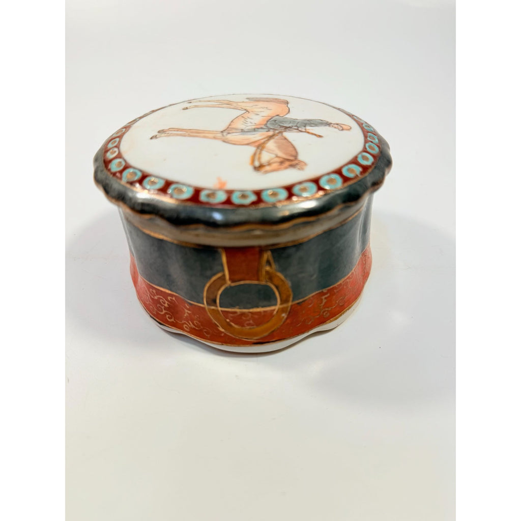Equestrian Trinket Box Hand Painted Porcelain Jewelry Stash box Horse themed jewel storage Round Chinese Macu Lidded Gift Box Ceramic