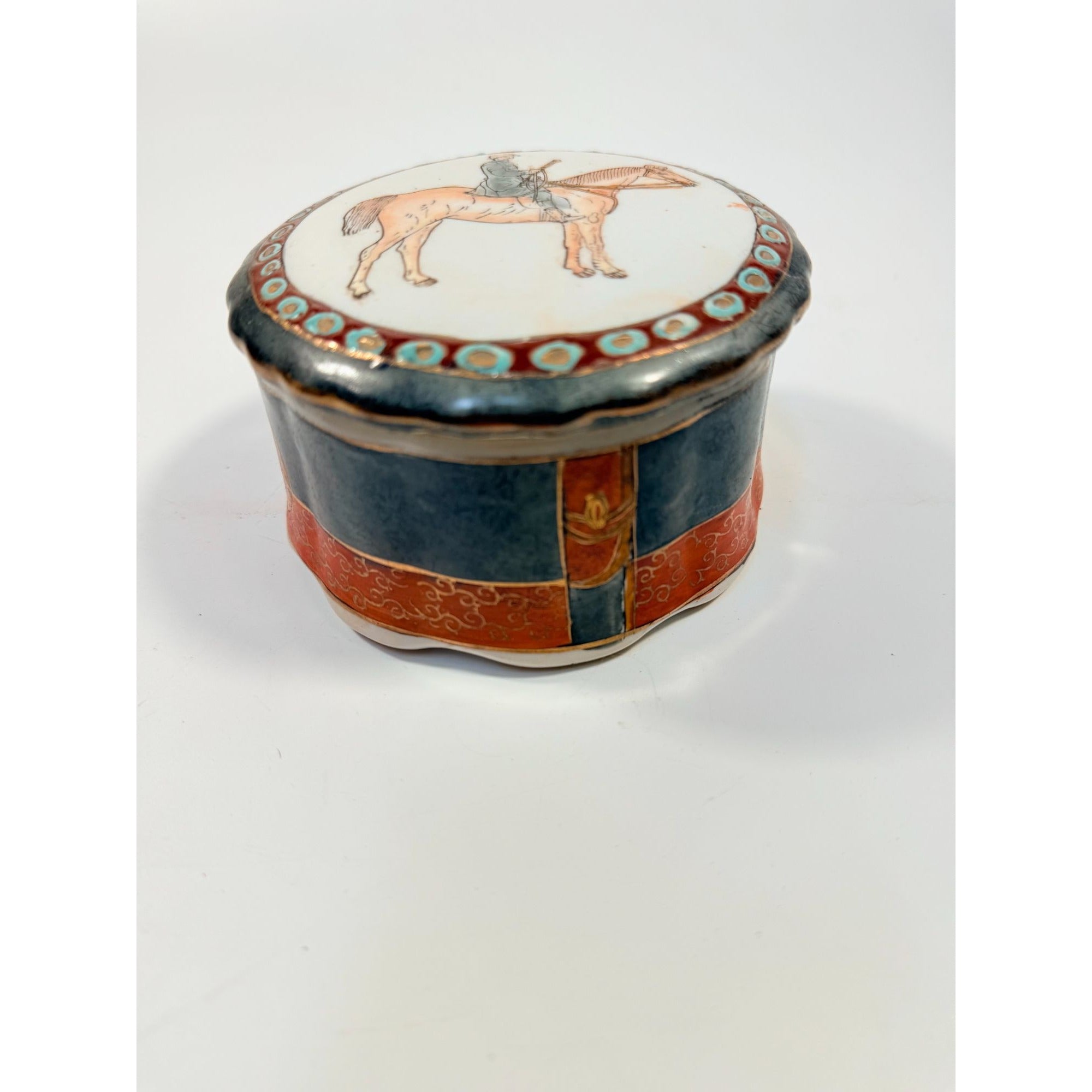 Equestrian Trinket Box Hand Painted Porcelain Jewelry Stash box Horse themed jewel storage Round Chinese Macu Lidded Gift Box Ceramic