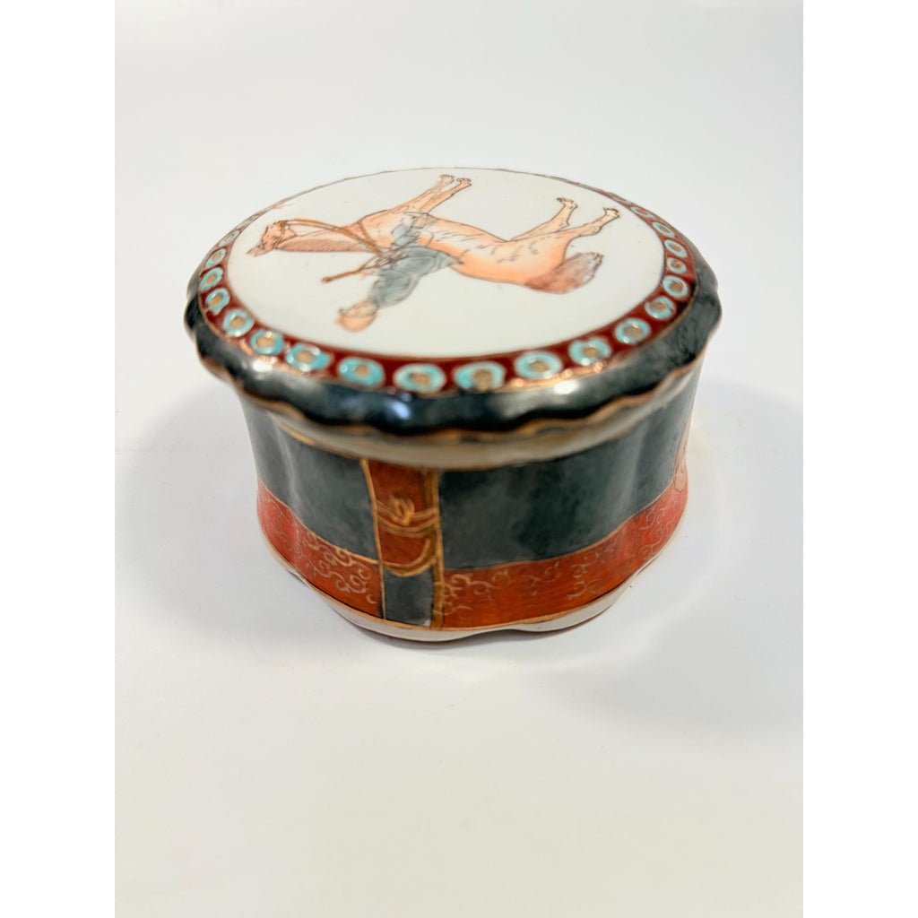 Equestrian Trinket Box Hand Painted Porcelain Jewelry Stash box Horse themed jewel storage Round Chinese Macu Lidded Gift Box Ceramic