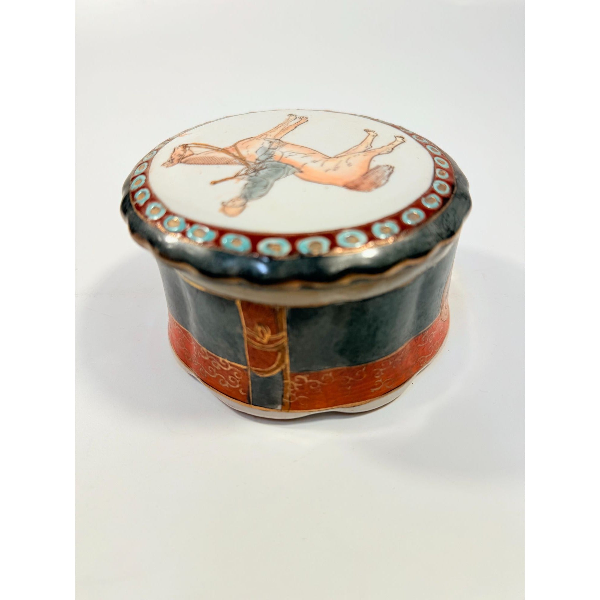 Equestrian Trinket Box Hand Painted Porcelain Jewelry Stash box Horse themed jewel storage Round Chinese Macu Lidded Gift Box Ceramic