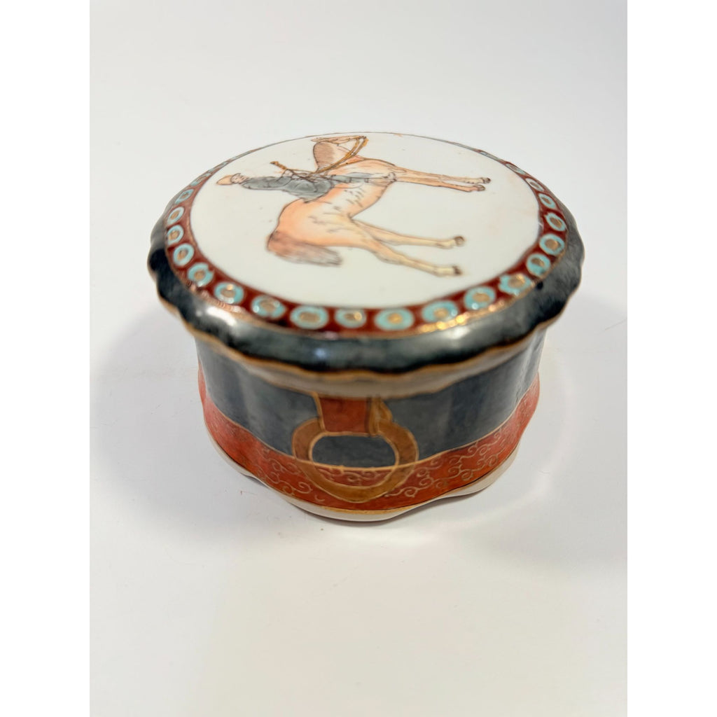 Equestrian Trinket Box Hand Painted Porcelain Jewelry Stash box Horse themed jewel storage Round Chinese Macu Lidded Gift Box Ceramic
