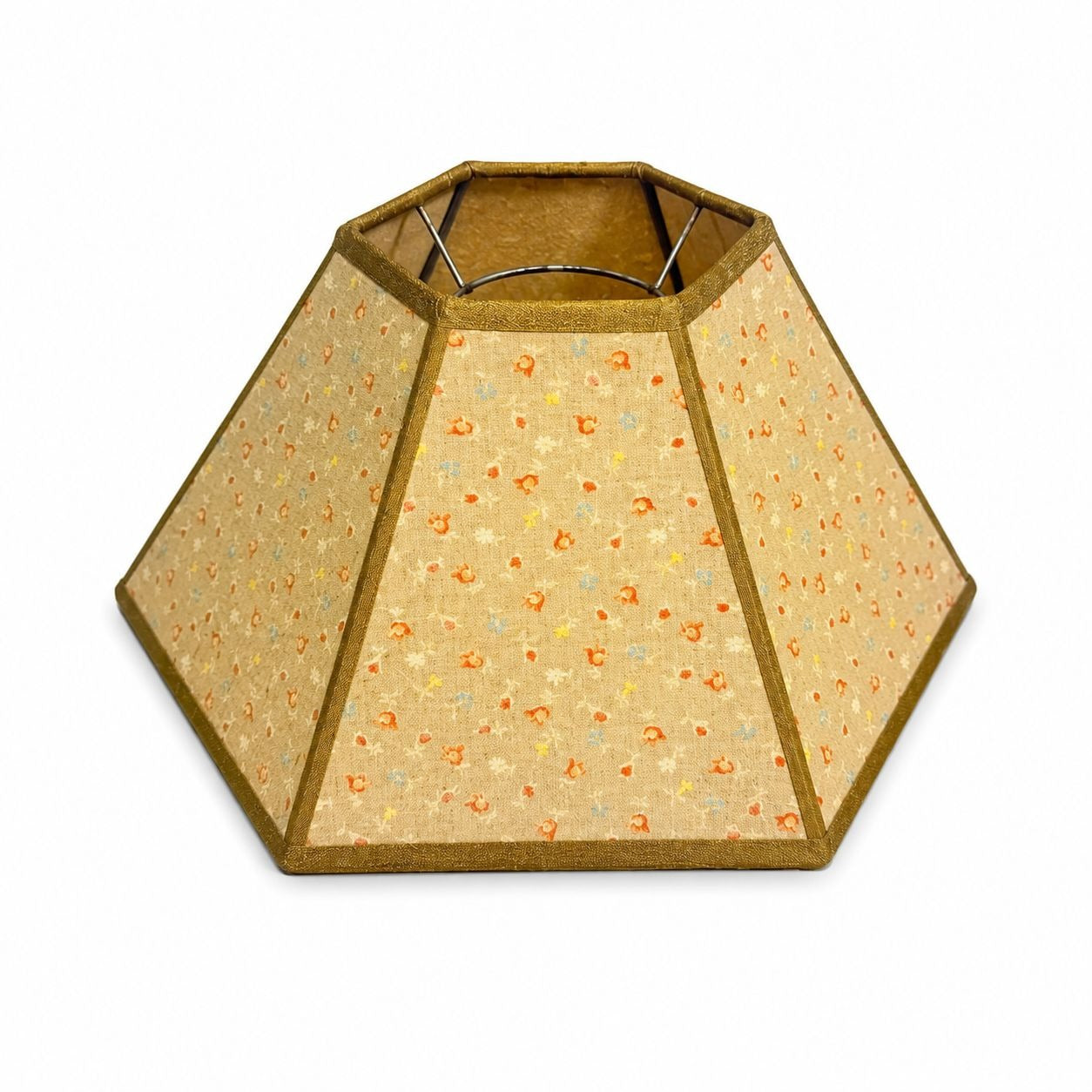 Hurricane Lamp Shade Sexagon Mid Century Lampshades Fabric Chintz Floral Chimney Fitter 6 sided Oil Lamp Vintage Flowers Gold Trim Handmade