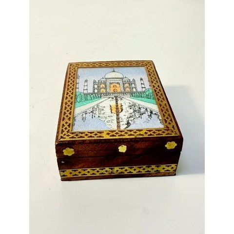 Inlay Wood Trinket Ring Souvenir Box Taj Mahal Wooden Sand Art Agra Traditional Ethnic Indian India Velvet Lined Home Decor Decorative