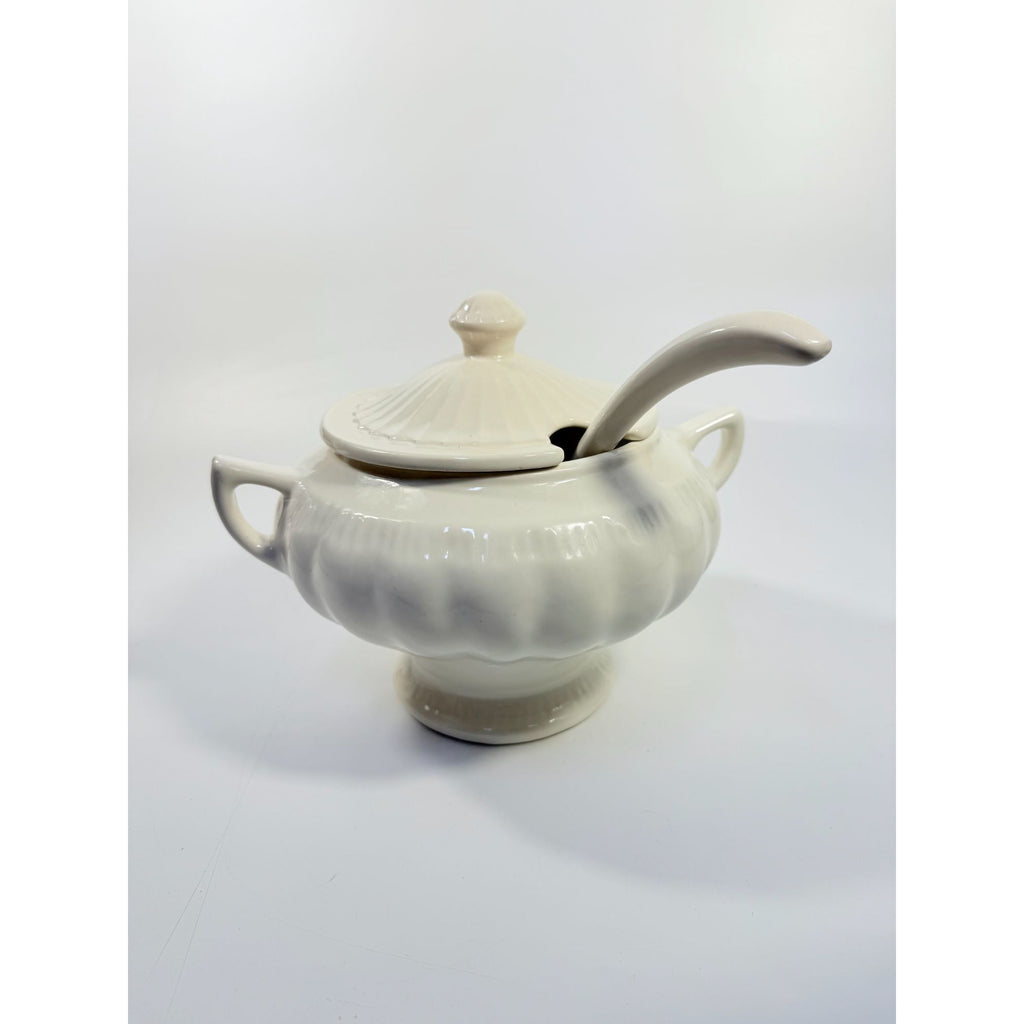 Ironstone Soup Tureen with Landle California US Pottery Vintage White Ceramic Mid Century  Footed Large Bowl Three Piece Set Holiday Serving