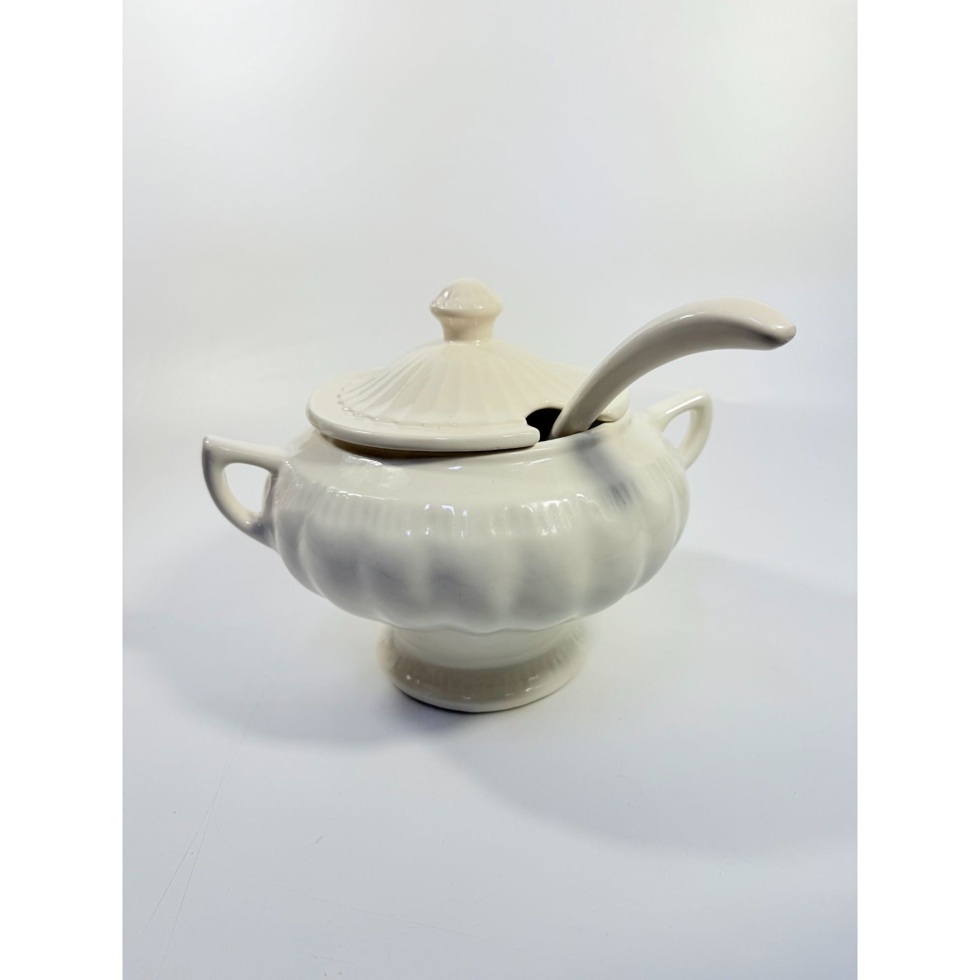 Ironstone Soup Tureen with Landle California US Pottery Vintage White Ceramic Mid Century  Footed Large Bowl Three Piece Set Holiday Serving