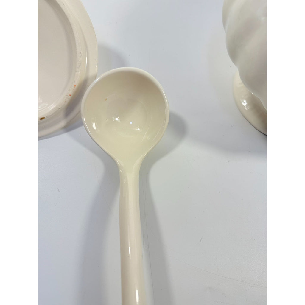 Ironstone Soup Tureen with Landle California US Pottery Vintage White Ceramic Mid Century  Footed Large Bowl Three Piece Set Holiday Serving