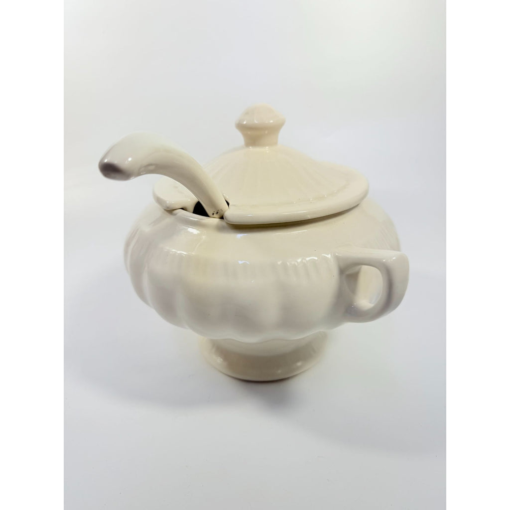 Ironstone Soup Tureen with Landle California US Pottery Vintage White Ceramic Mid Century  Footed Large Bowl Three Piece Set Holiday Serving