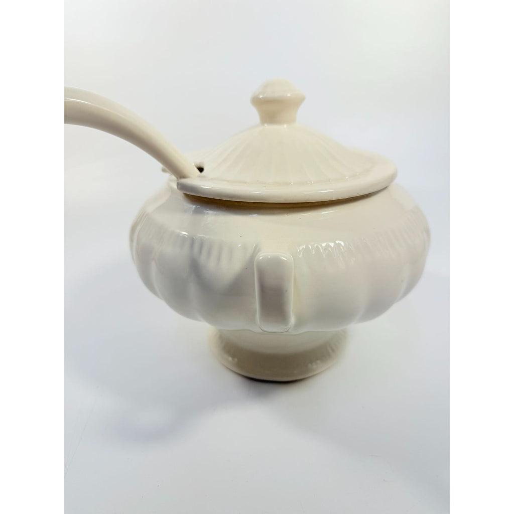 Ironstone Soup Tureen with Landle California US Pottery Vintage White Ceramic Mid Century  Footed Large Bowl Three Piece Set Holiday Serving