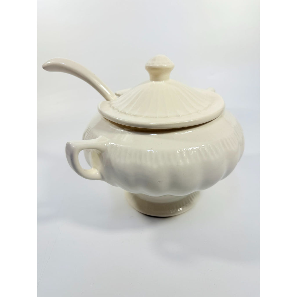 Ironstone Soup Tureen with Landle California US Pottery Vintage White Ceramic Mid Century  Footed Large Bowl Three Piece Set Holiday Serving