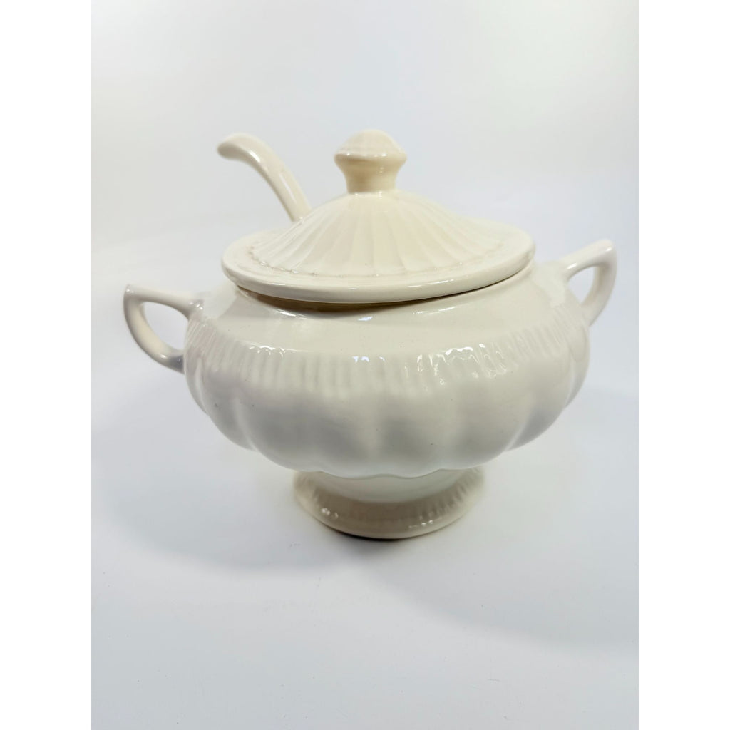 Ironstone Soup Tureen with Landle California US Pottery Vintage White Ceramic Mid Century  Footed Large Bowl Three Piece Set Holiday Serving