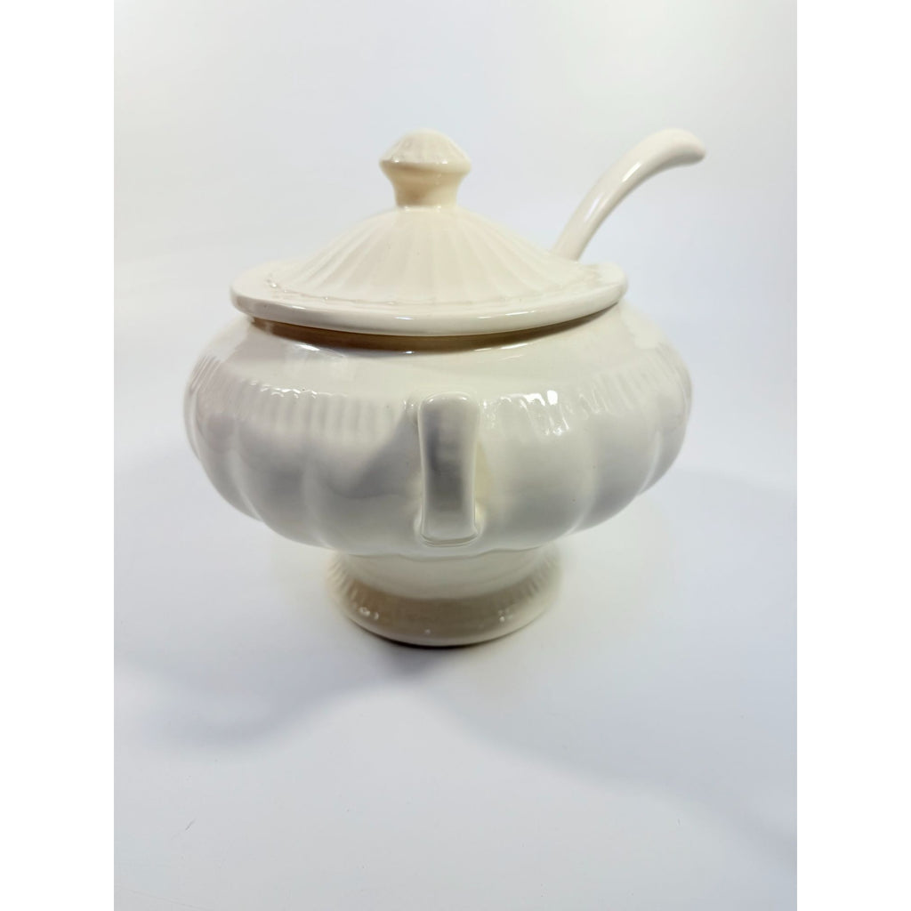 Ironstone Soup Tureen with Landle California US Pottery Vintage White Ceramic Mid Century  Footed Large Bowl Three Piece Set Holiday Serving
