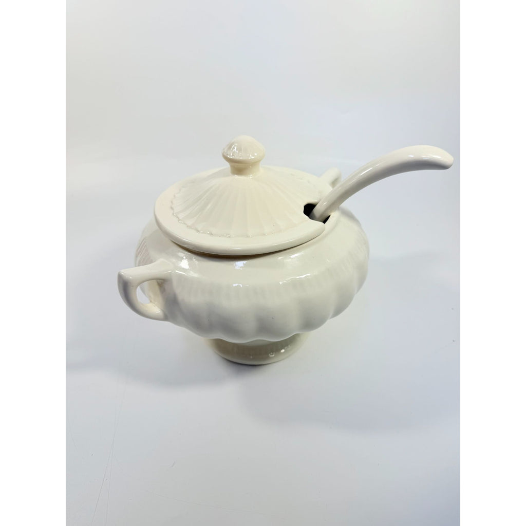 Ironstone Soup Tureen with Landle California US Pottery Vintage White Ceramic Mid Century  Footed Large Bowl Three Piece Set Holiday Serving