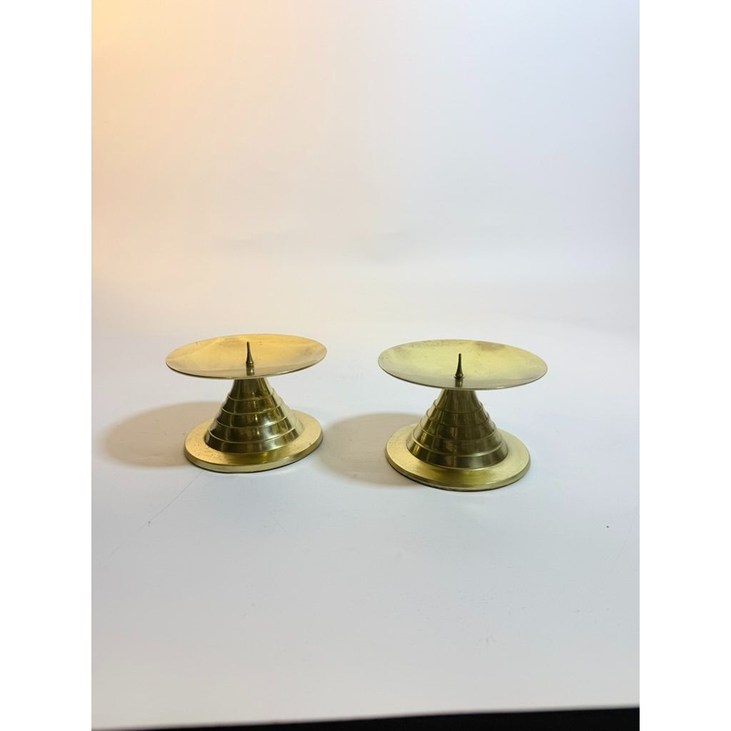 Lacquered Brass Pillar Candle Holders Pair Set 2 Gold Table Home Decor India Vintage Wedding Traditional Classic