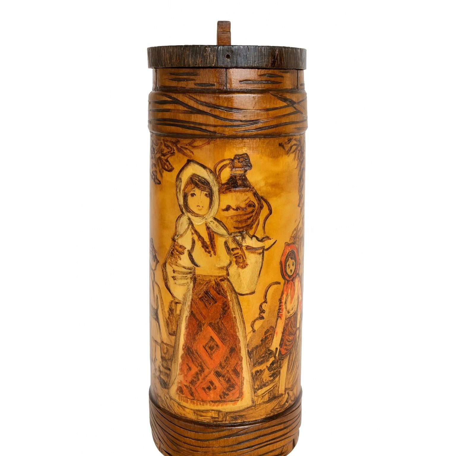 Wooden Tankards Pitcher Beer Stein Hand Painted Carved Romanian Folk Motive Pyrography Farm Folk Art Bar Ware Vintage Collectible Travel