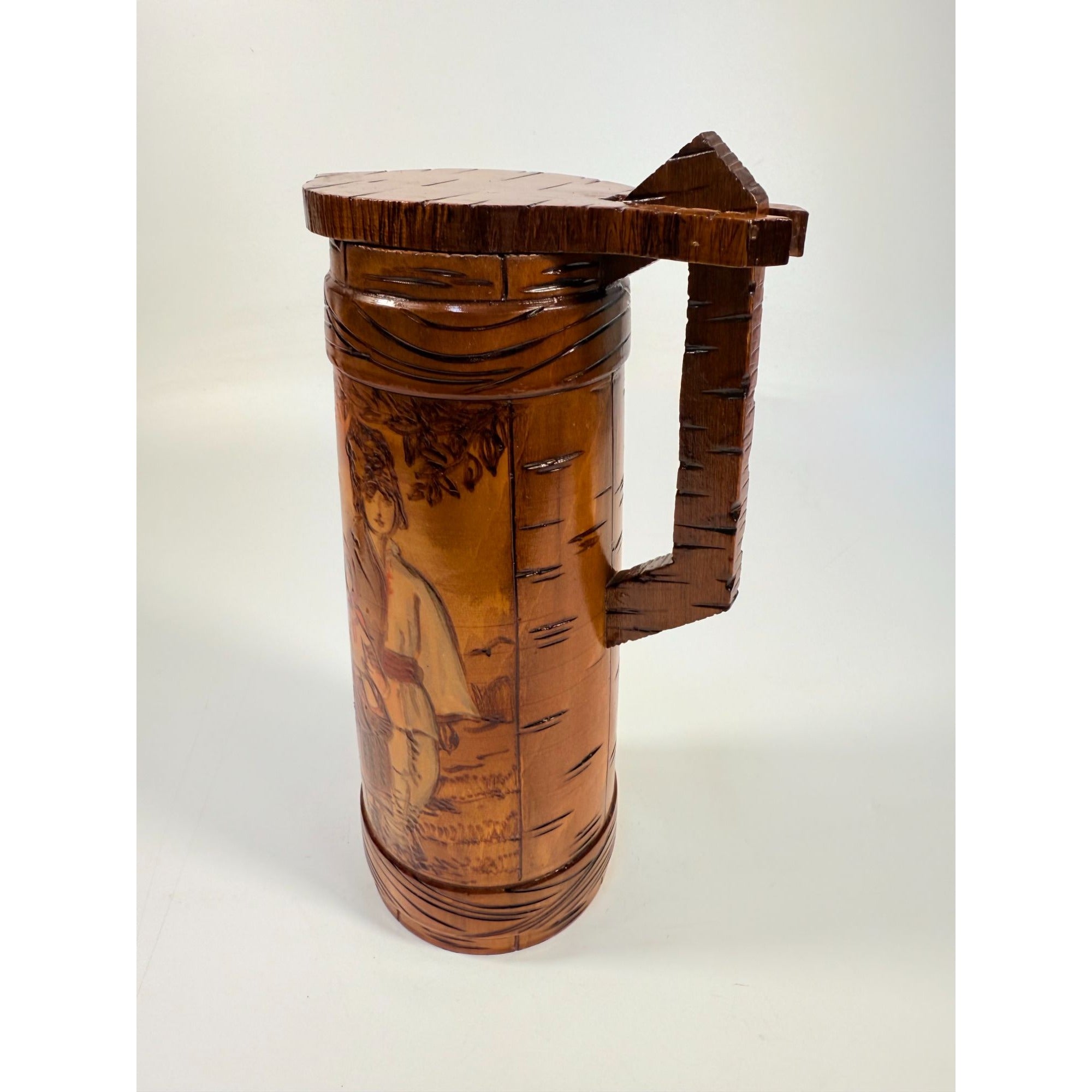 Wooden Tankards Pitcher Beer Stein Hand Painted Carved Romanian Folk Motive Pyrography Farm Folk Art Bar Ware Vintage Collectible Travel