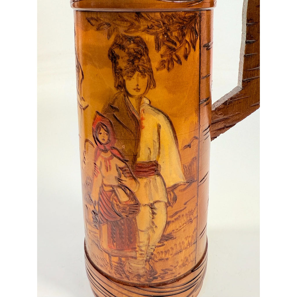 Wooden Tankards Pitcher Beer Stein Hand Painted Carved Romanian Folk Motive Pyrography Farm Folk Art Bar Ware Vintage Collectible Travel