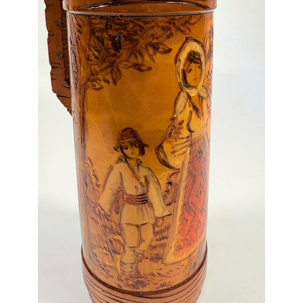 Wooden Tankards Pitcher Beer Stein Hand Painted Carved Romanian Folk Motive Pyrography Farm Folk Art Bar Ware Vintage Collectible Travel