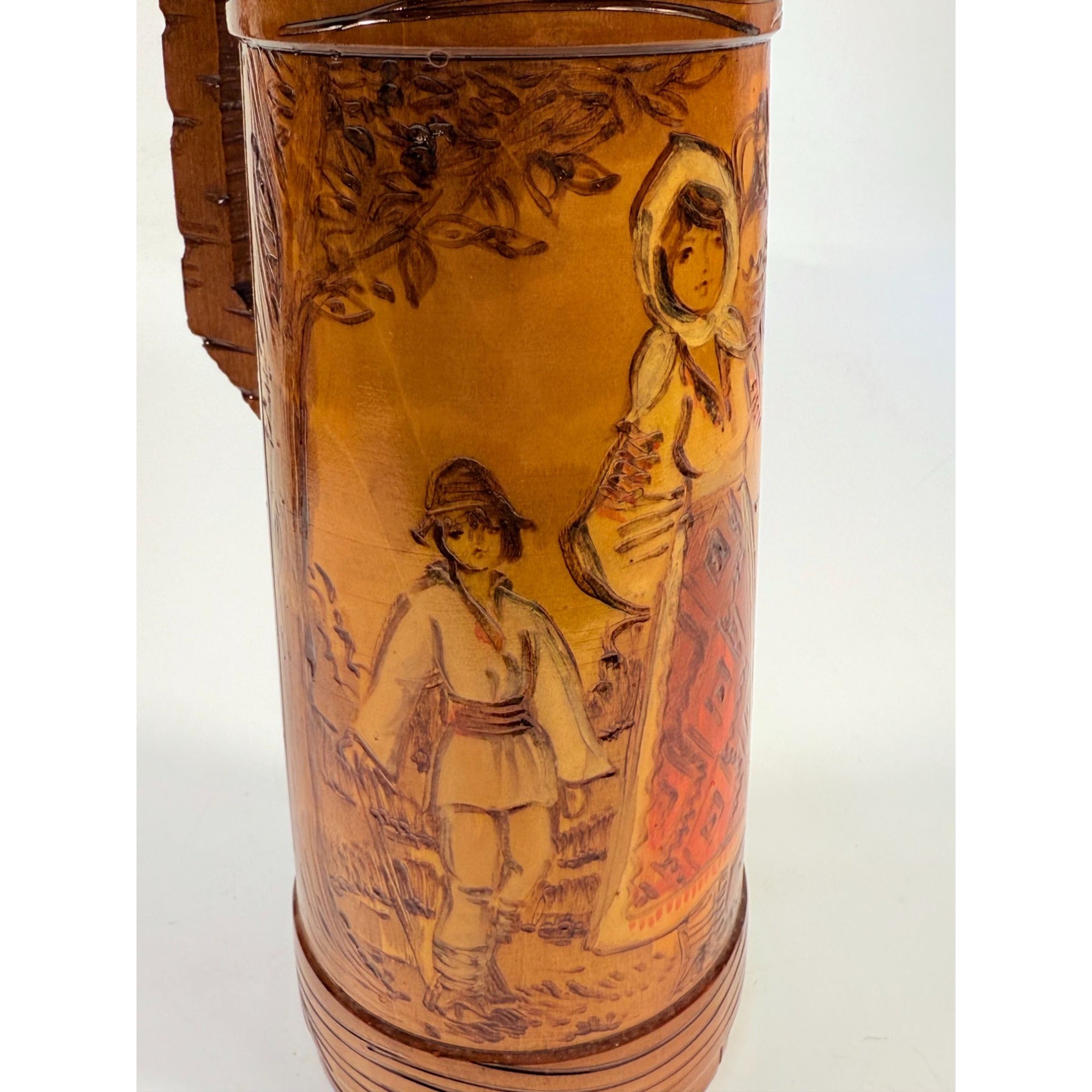 Wooden Tankards Pitcher Beer Stein Hand Painted Carved Romanian Folk Motive Pyrography Farm Folk Art Bar Ware Vintage Collectible Travel