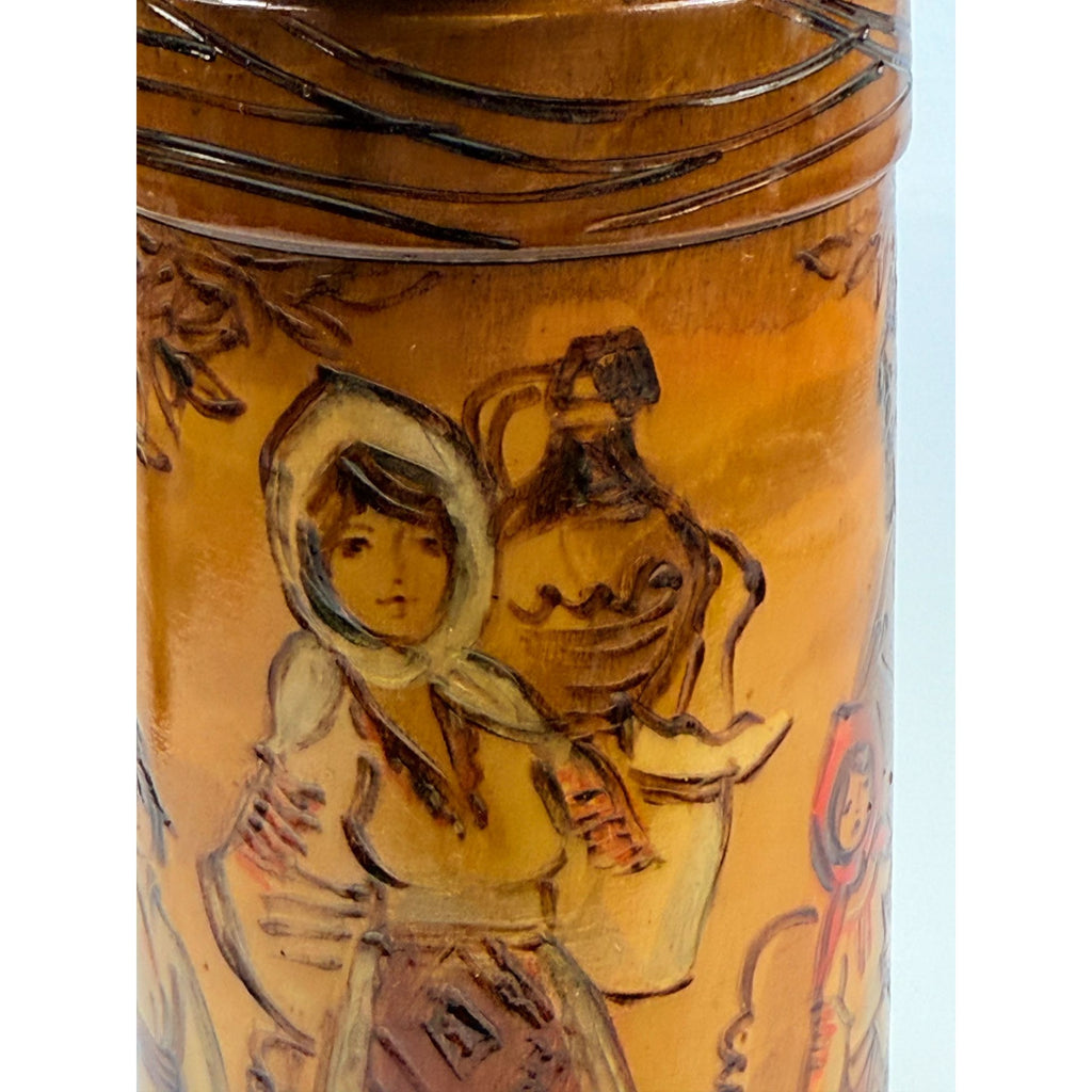 Wooden Tankards Pitcher Beer Stein Hand Painted Carved Romanian Folk Motive Pyrography Farm Folk Art Bar Ware Vintage Collectible Travel