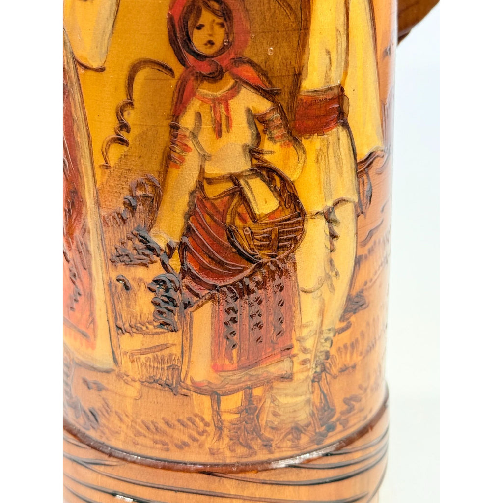 Wooden Tankards Pitcher Beer Stein Hand Painted Carved Romanian Folk Motive Pyrography Farm Folk Art Bar Ware Vintage Collectible Travel